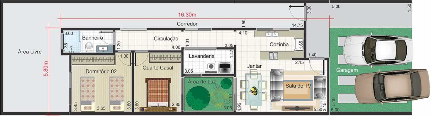 Planta térrea contemporânea. Planta para terreno 7x25