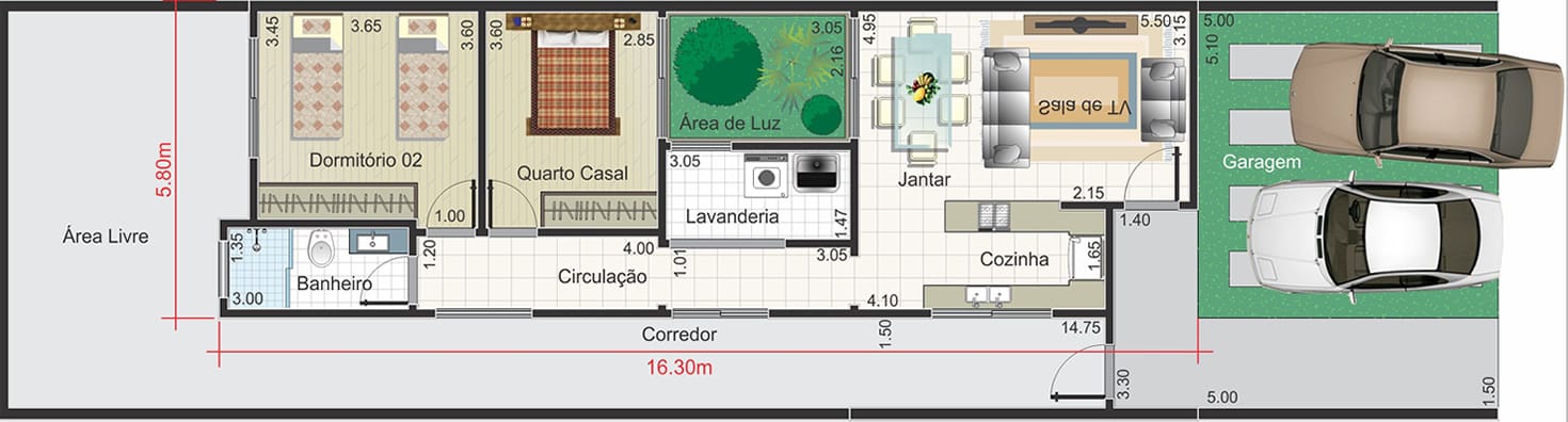 Planta térrea contemporânea. Planta para terreno 7x25