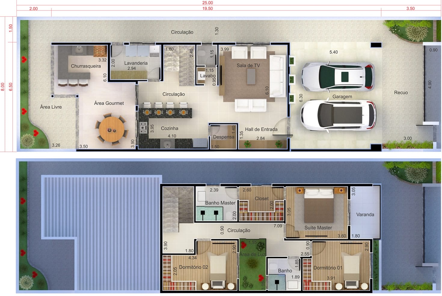 Planta de sobrado com 3 quartos. Planta para terreno 8x25