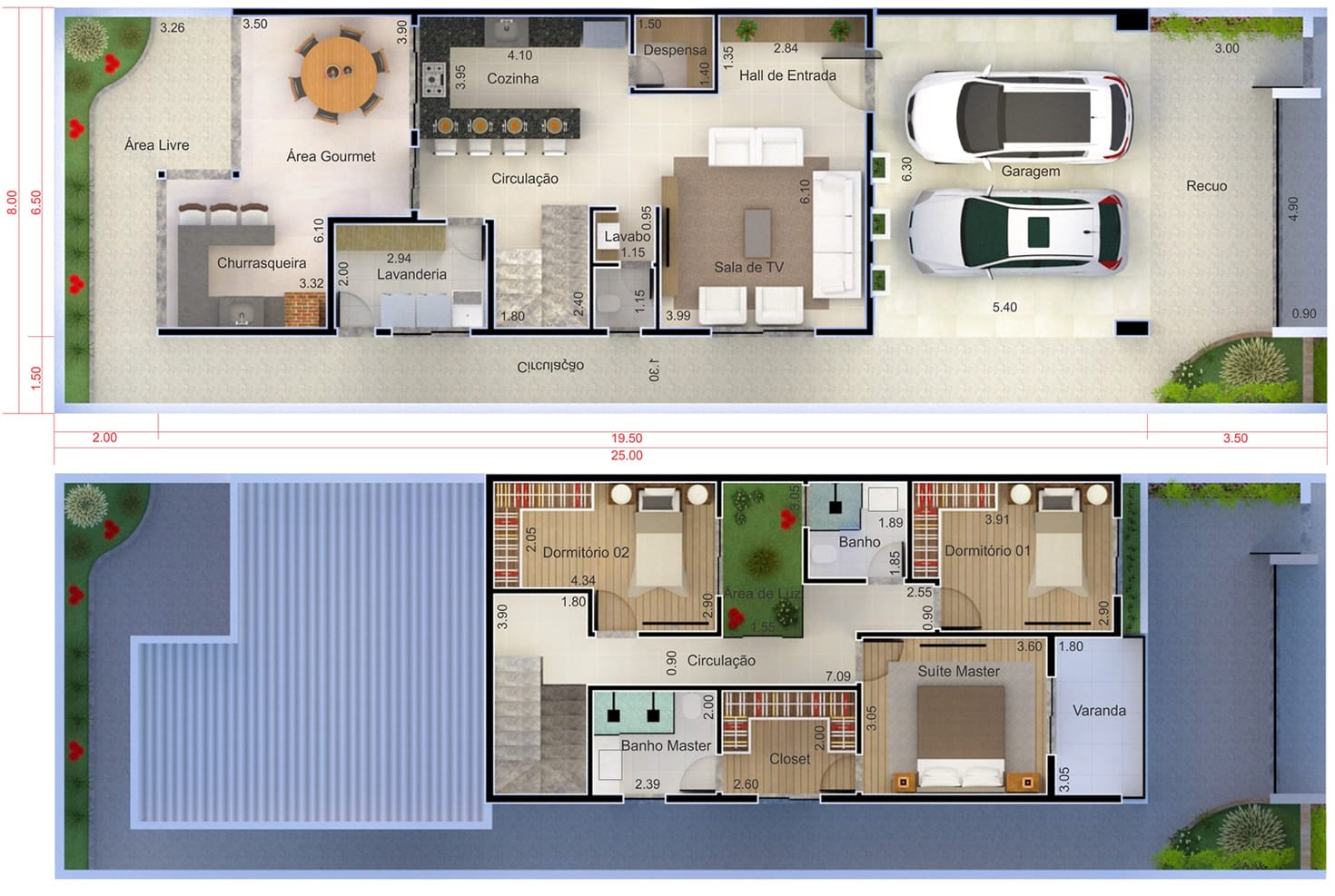 Planta de sobrado com 3 quartos. Planta para terreno 8x25