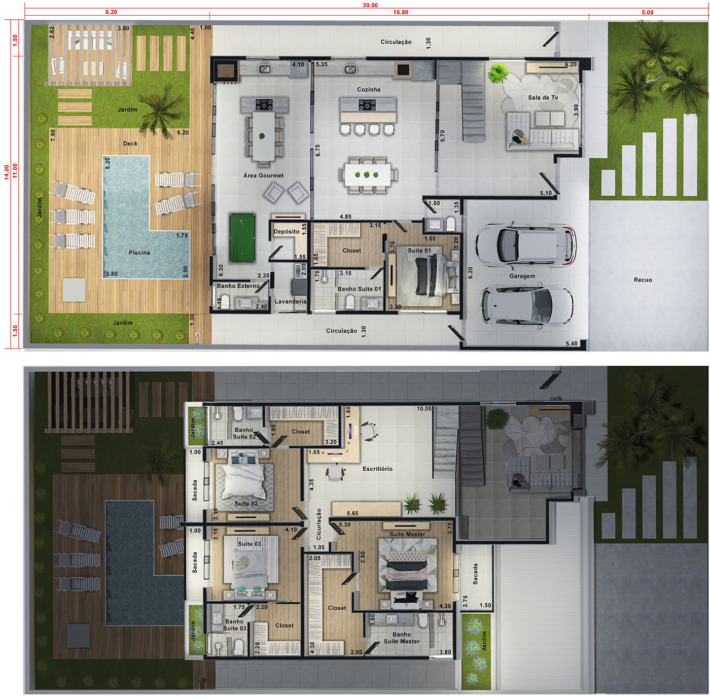 Sobrado de alto padrão com 4 suítes. Planta para terreno 14x30