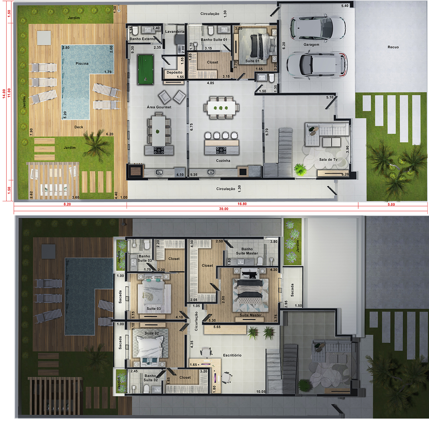 Sobrado de alto padrão com 4 suítes. Planta para terreno 14x30