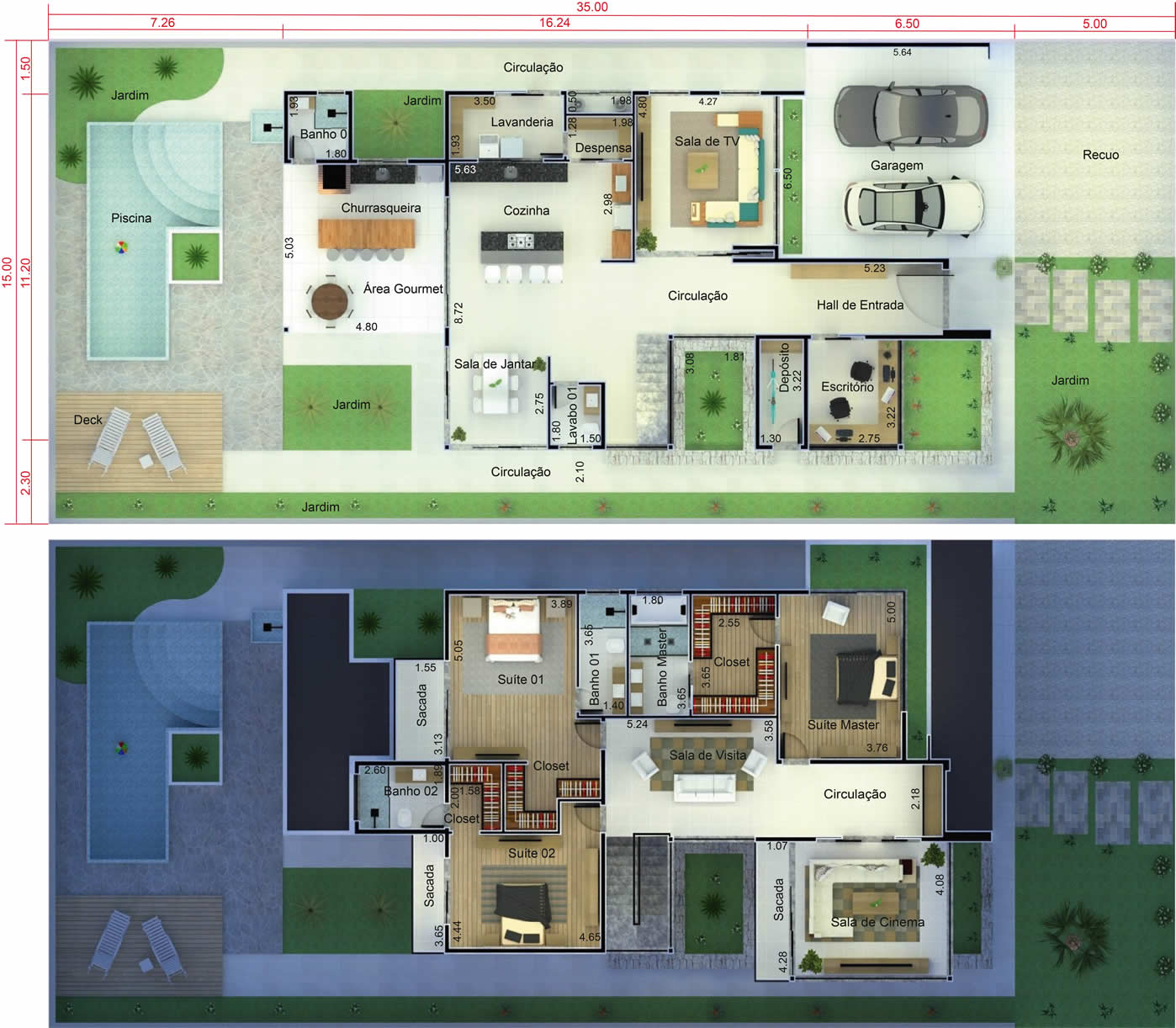 Projeto de sobrado com fachada imponente. Planta para terreno 15x35