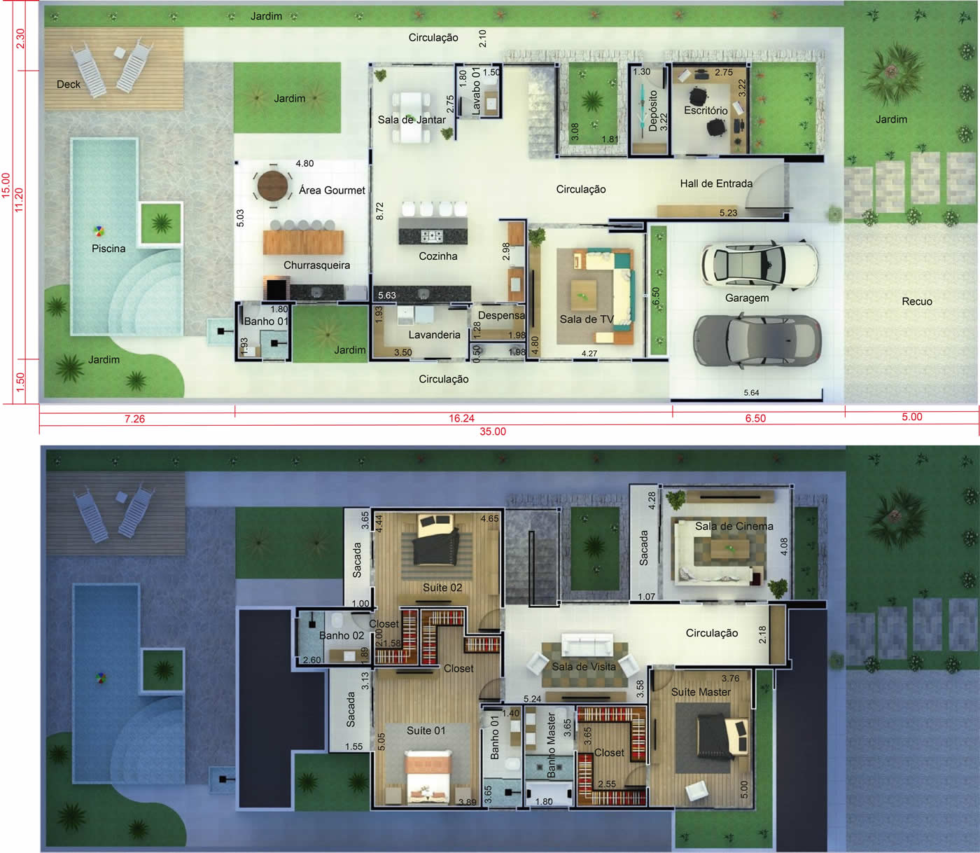 Projeto de sobrado com fachada imponente. Planta para terreno 15x35