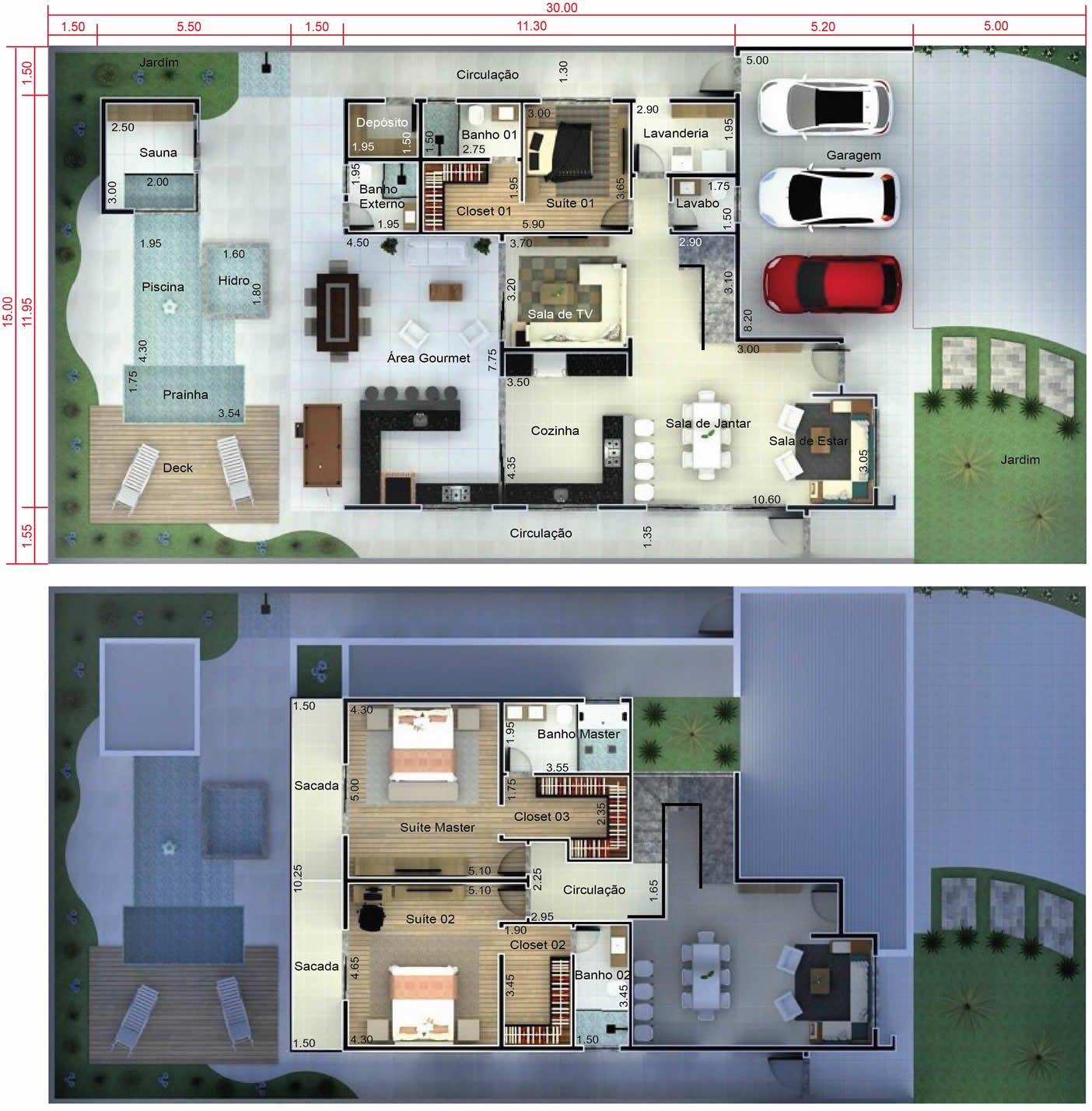 Projeto de sobrado com 3 vagas na garagem. Planta para terreno 15x30