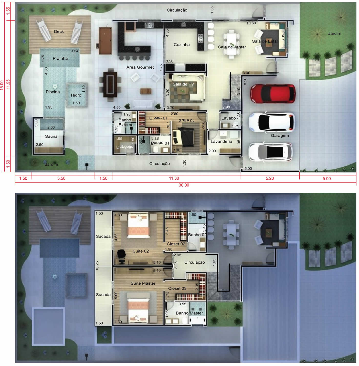 Projeto de sobrado com 3 vagas na garagem. Planta para terreno 15x30