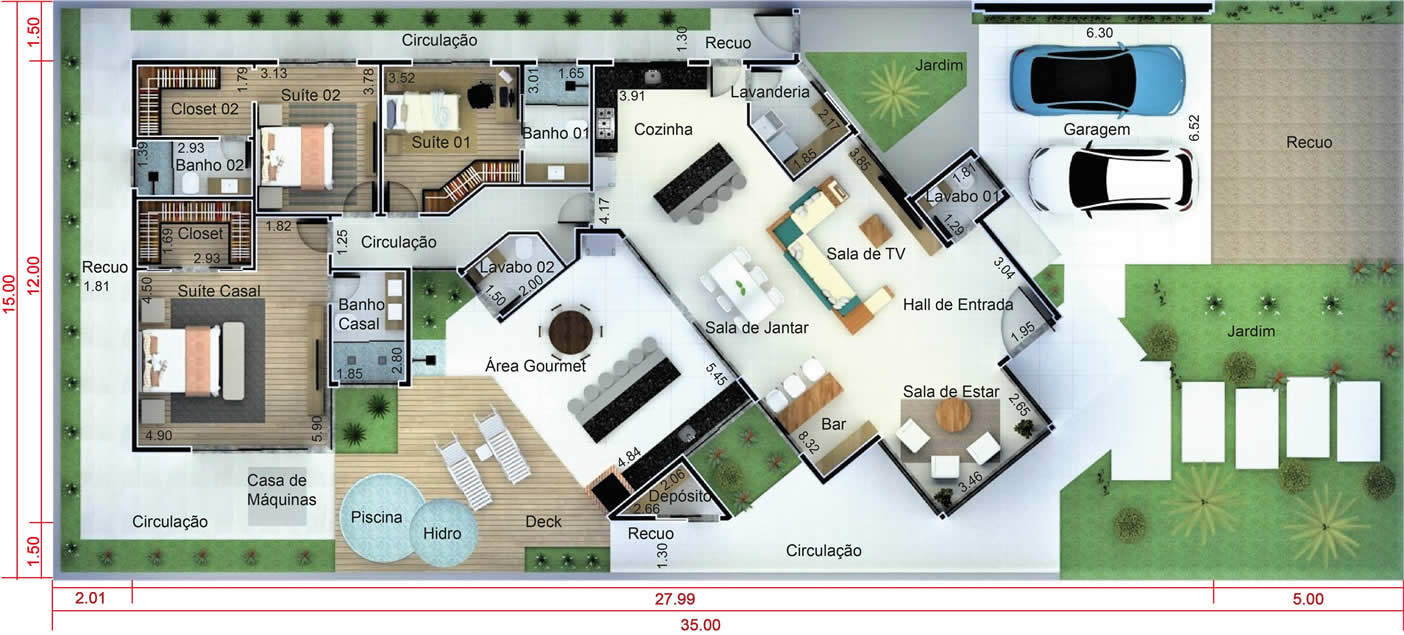 Projeto de casa térrea de alto padrão. Planta para terreno 15x35