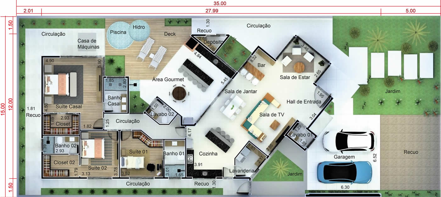 Projeto de casa térrea de alto padrão. Planta para terreno 15x35