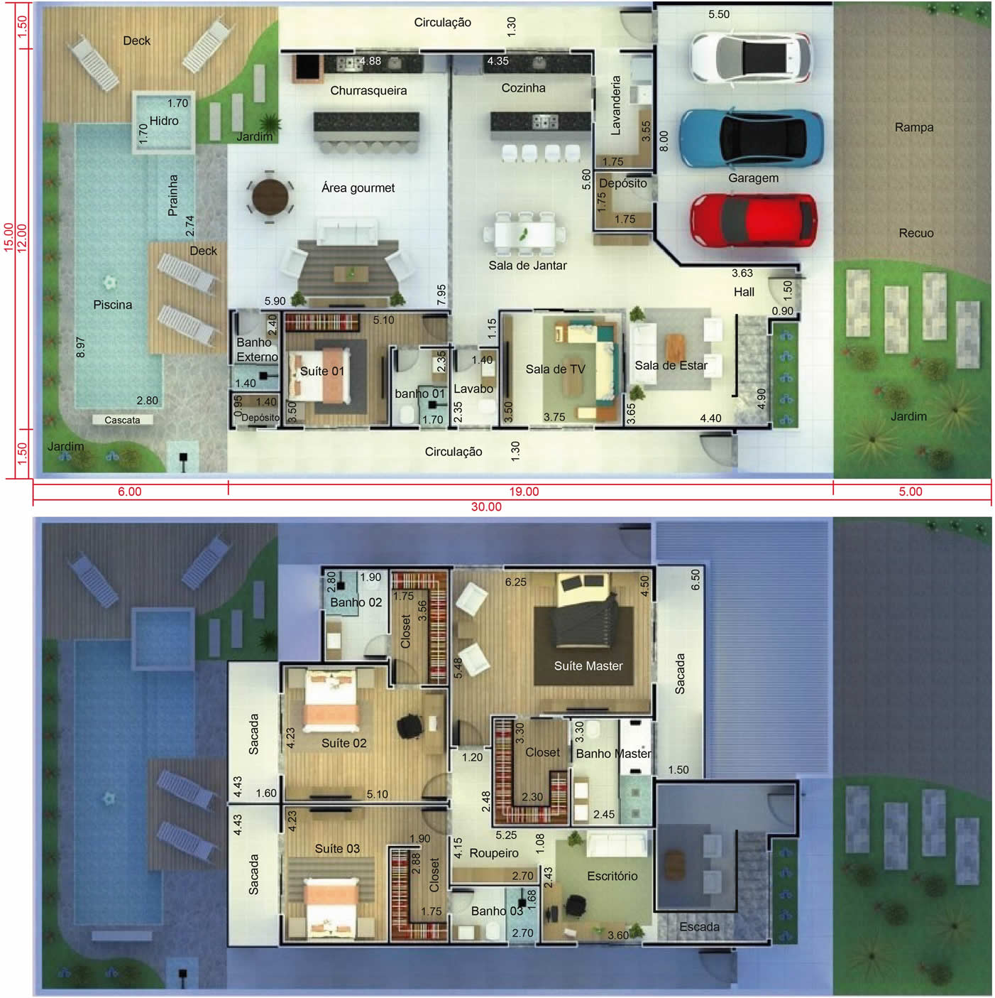 Projeto de sobrado com sacada e varanda. Planta para terreno 15x30