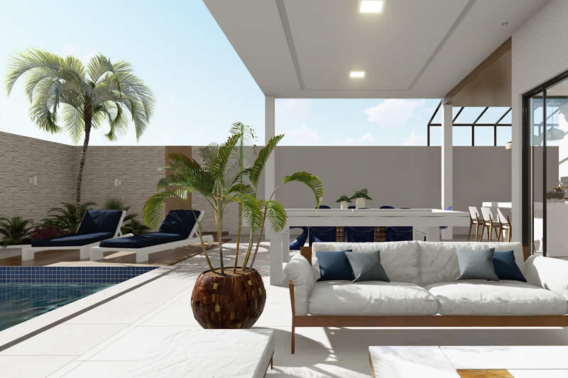 Área de lazer com piscina, deck e sofa