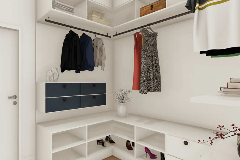 Closet aberto com roupas a vista