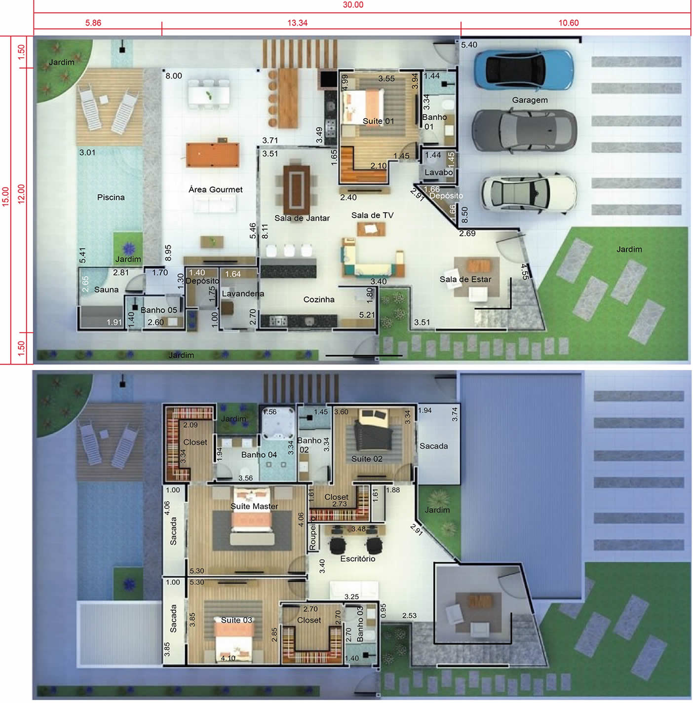 Projeto de sobrado moderno com 4 suítes. Planta para terreno 15x30