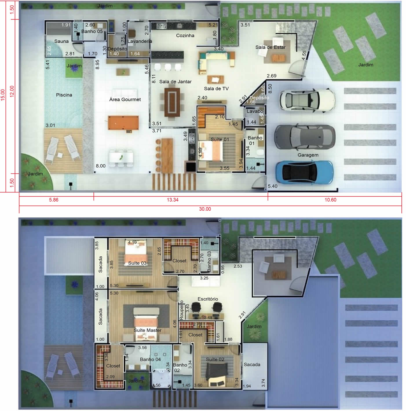 Projeto de sobrado moderno com 4 suítes. Planta para terreno 15x30