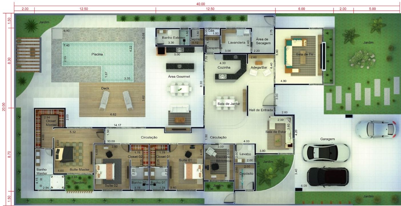 Projeto de casa térrea para terreno grande. Planta para terreno 20x40