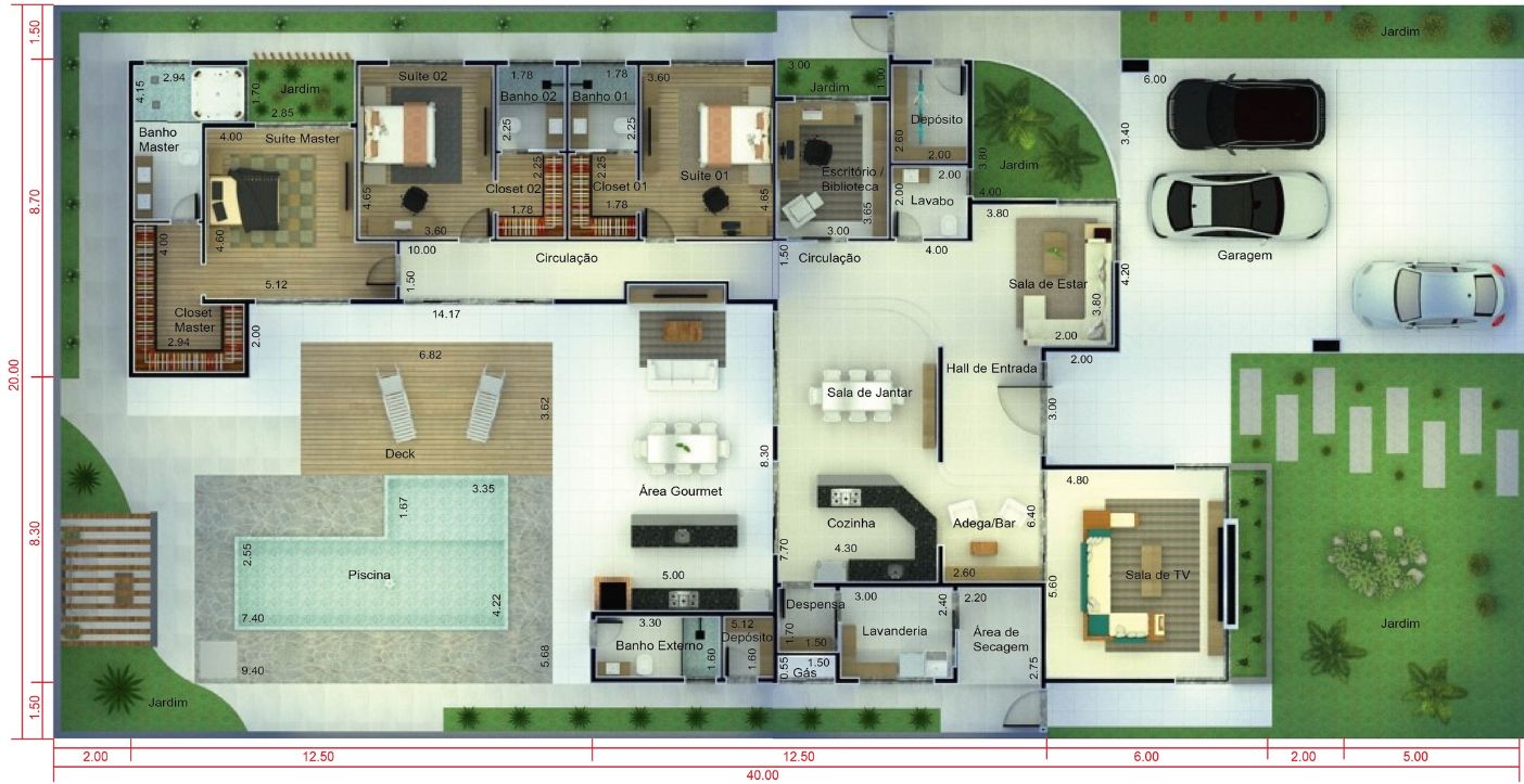 Projeto de casa térrea para terreno grande. Planta para terreno 20x40