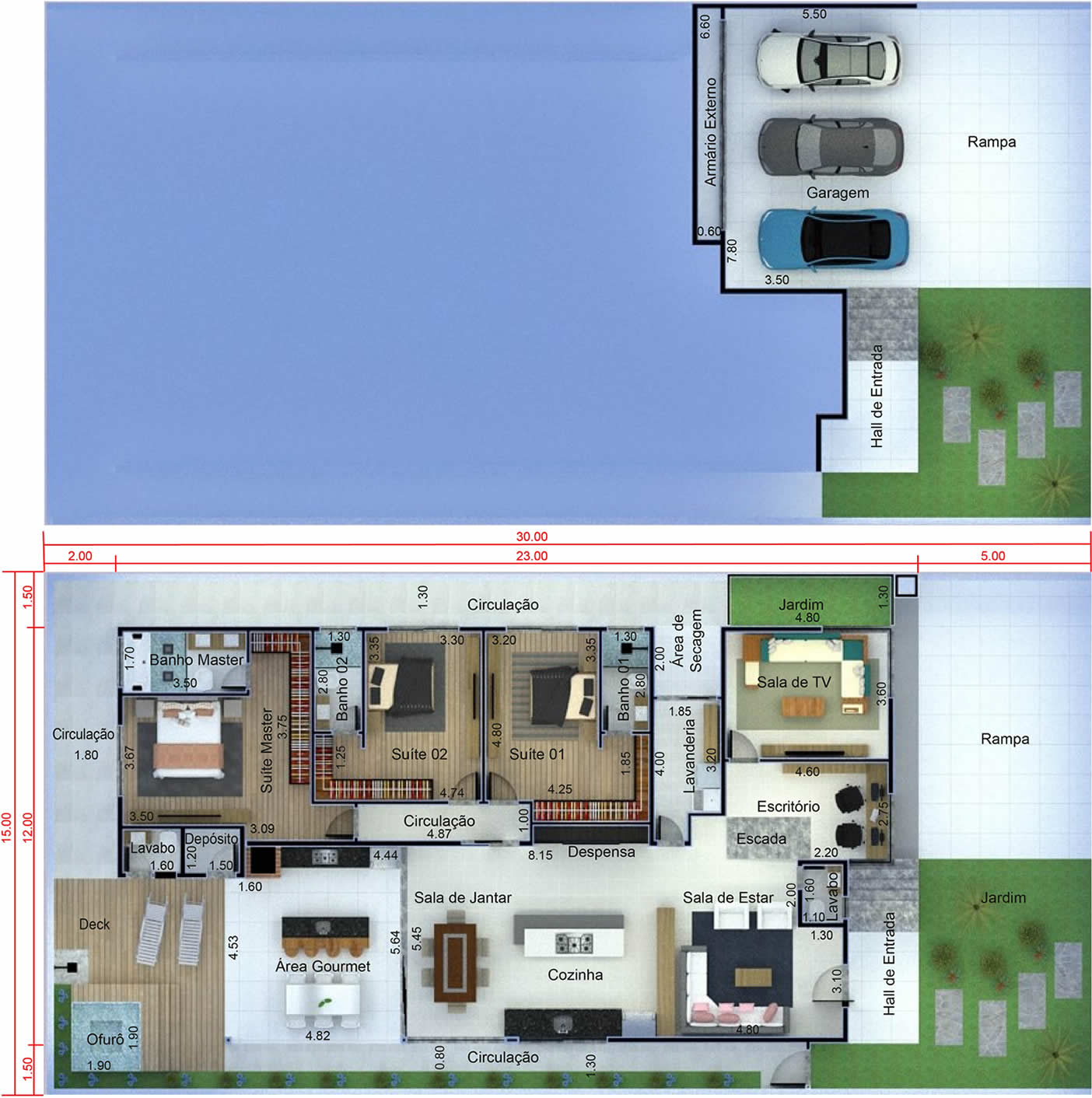 Planta de casa com garagem subterrânea. Planta para terreno 15x30