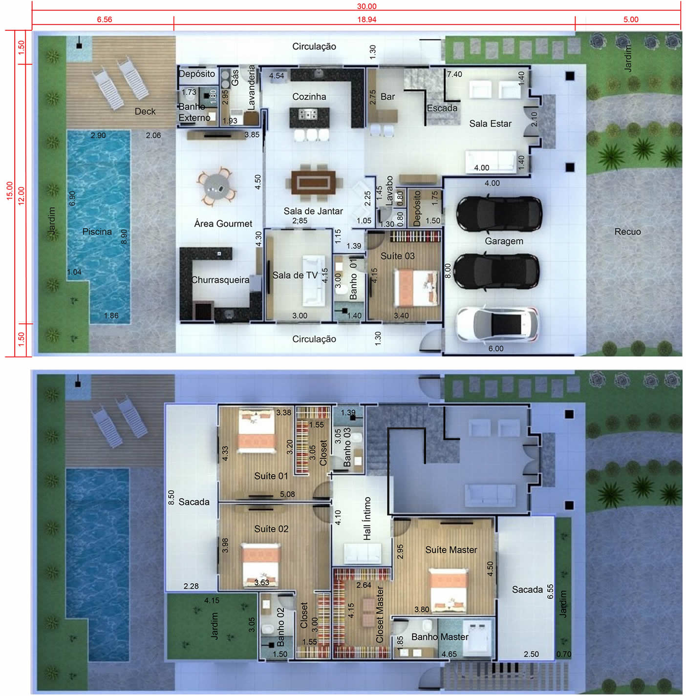 Planta de casa neoclássica moderna. Planta para terreno 15x30