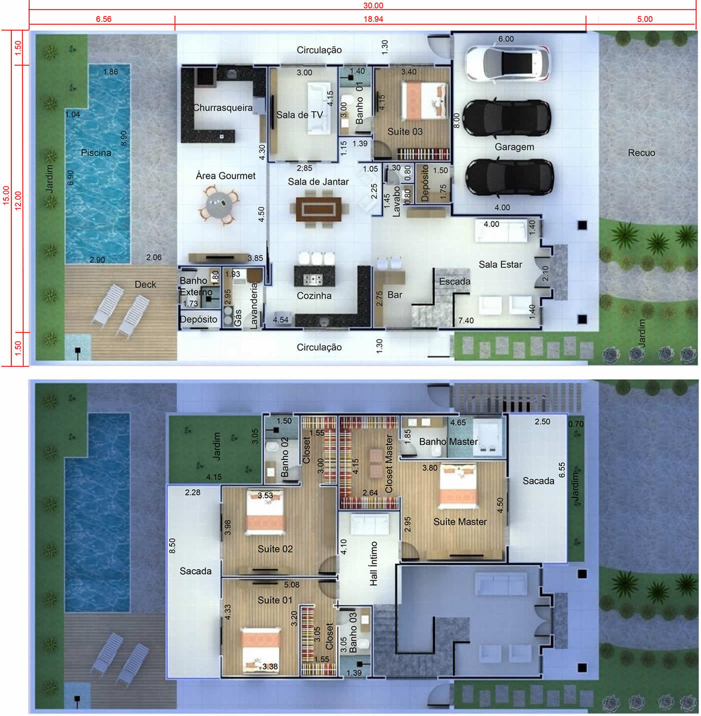 Planta de casa neoclássica moderna. Planta para terreno 15x30