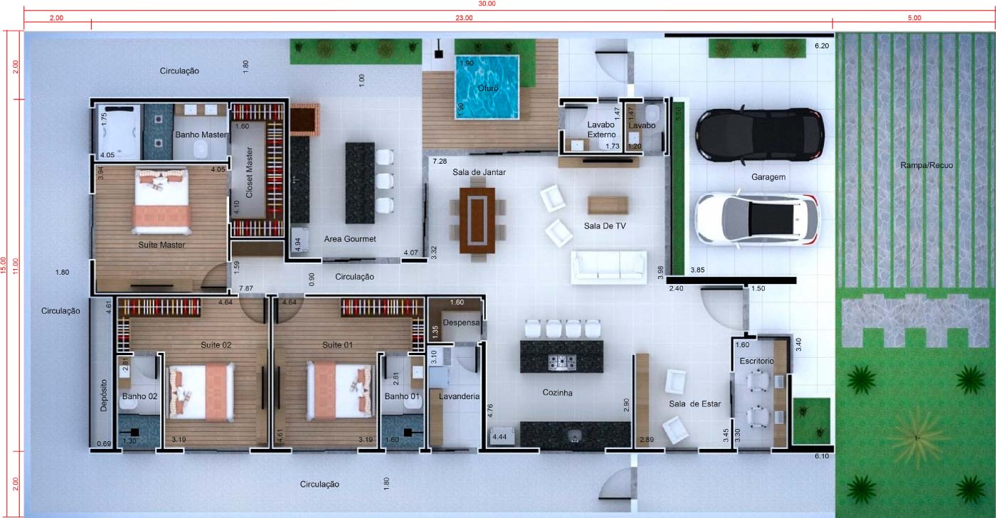 Projeto de casa térrea com 3 suítes. Planta para terreno 15x30