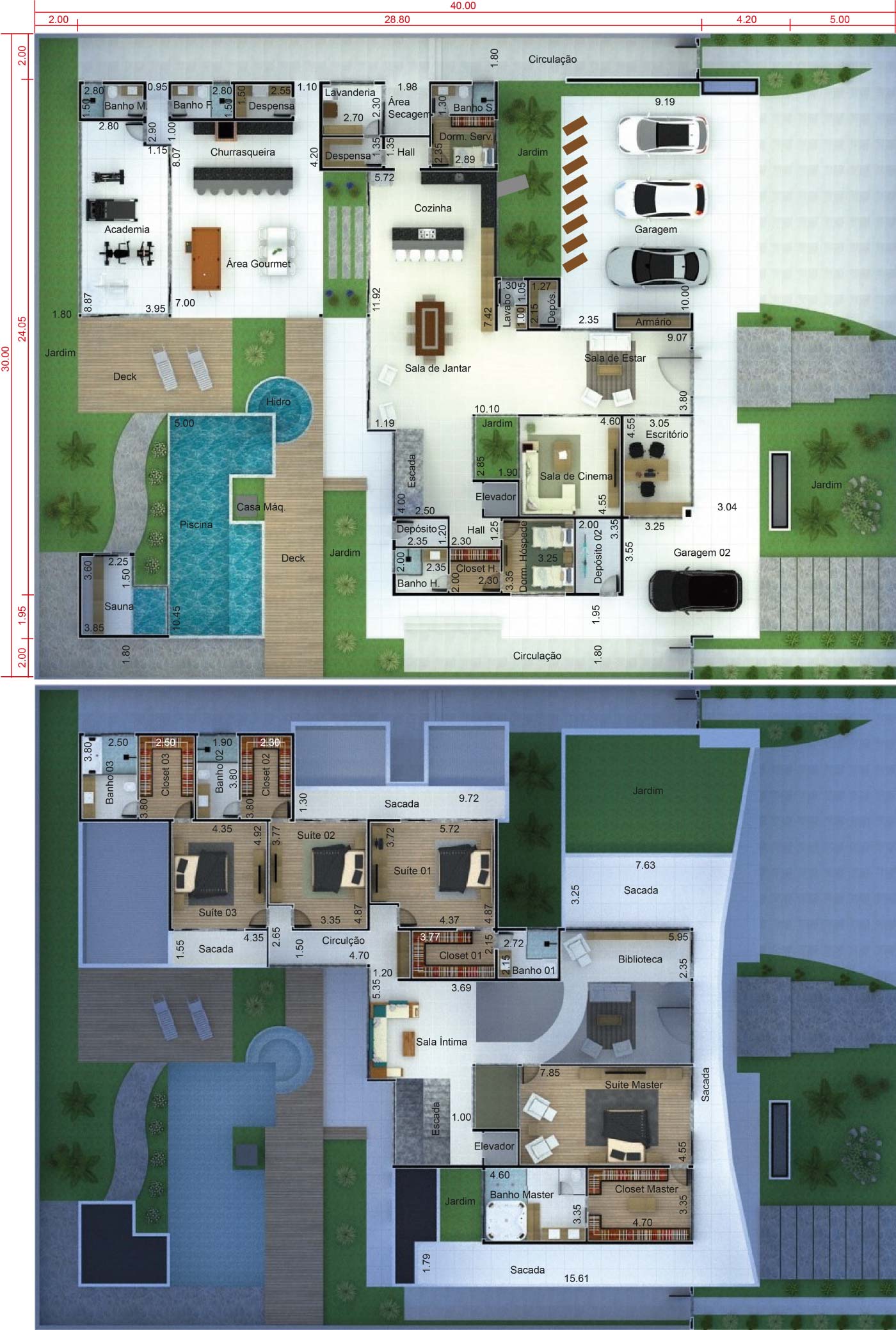 Projeto de mansão contemporânea. Planta para terreno 30x40