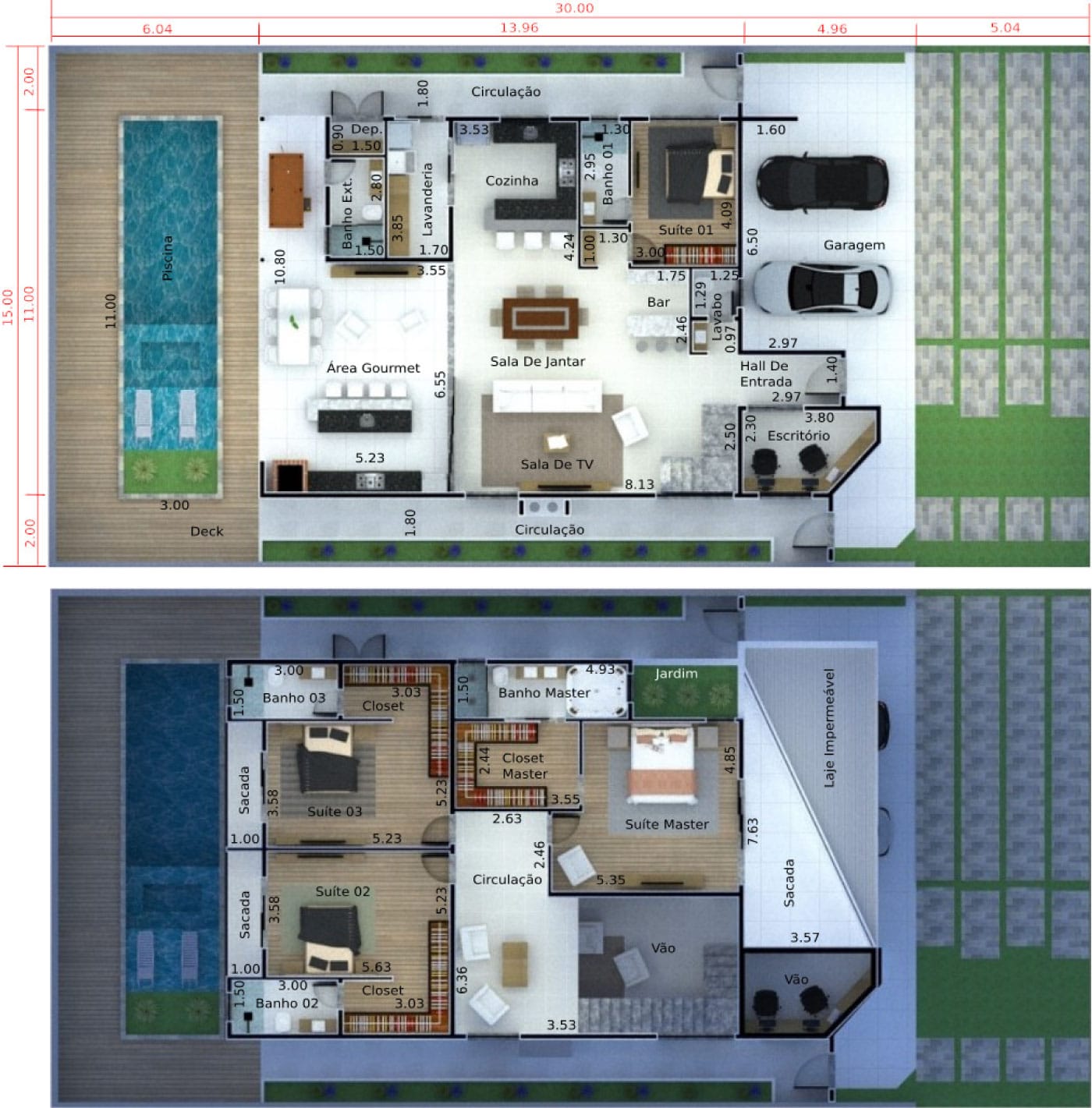 Planta de sobrado contemporâneo. Planta para terreno 15x30