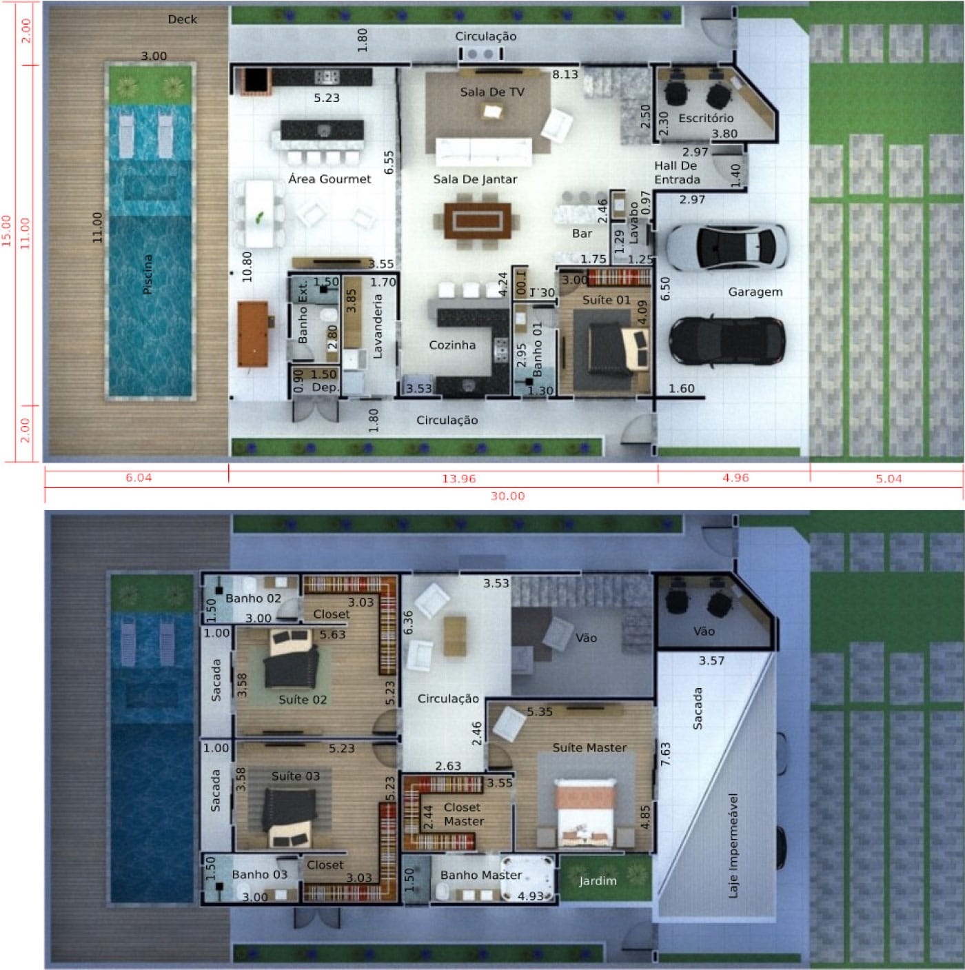 Planta de sobrado contemporâneo. Planta para terreno 15x30