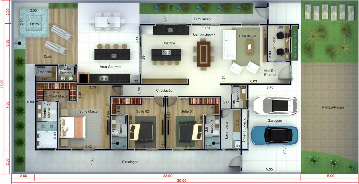 Projeto de casa térrea moderna com 3 suítes. Planta para terreno 15x30