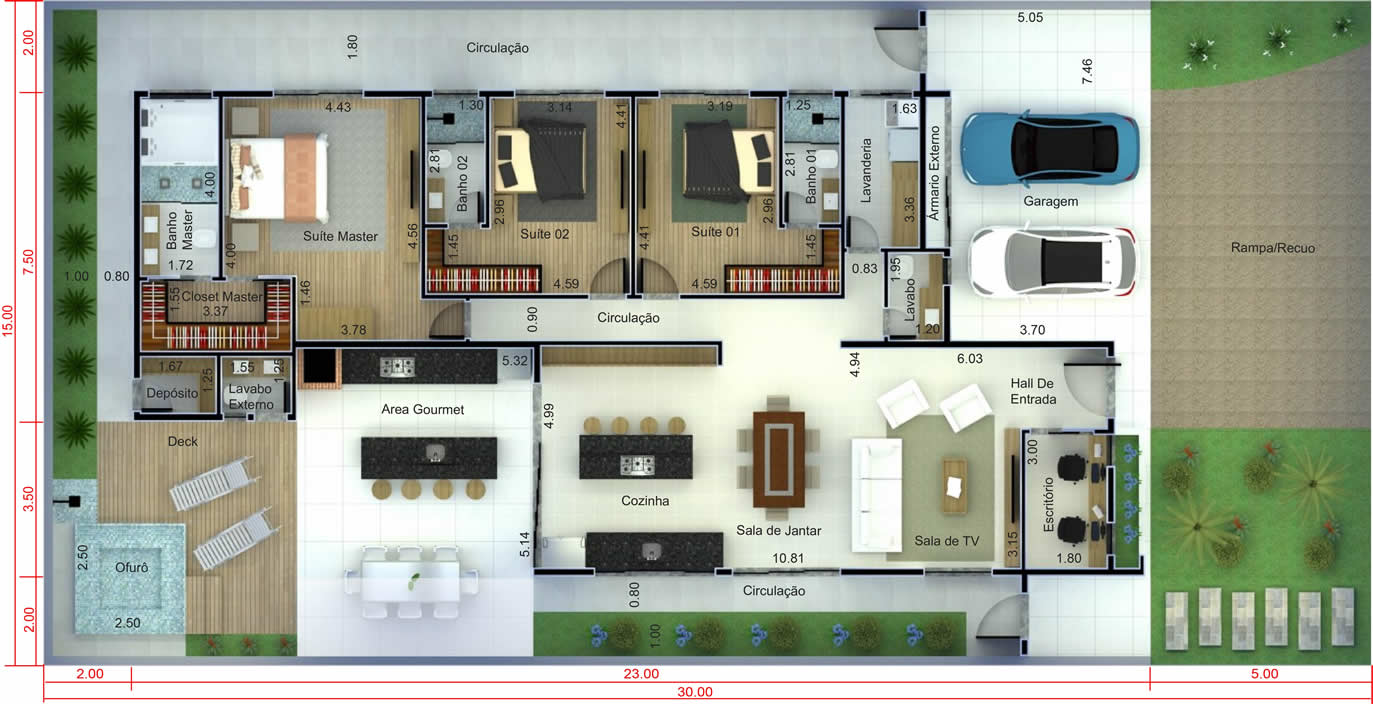 Projeto de casa térrea moderna com 3 suítes. Planta para terreno 15x30