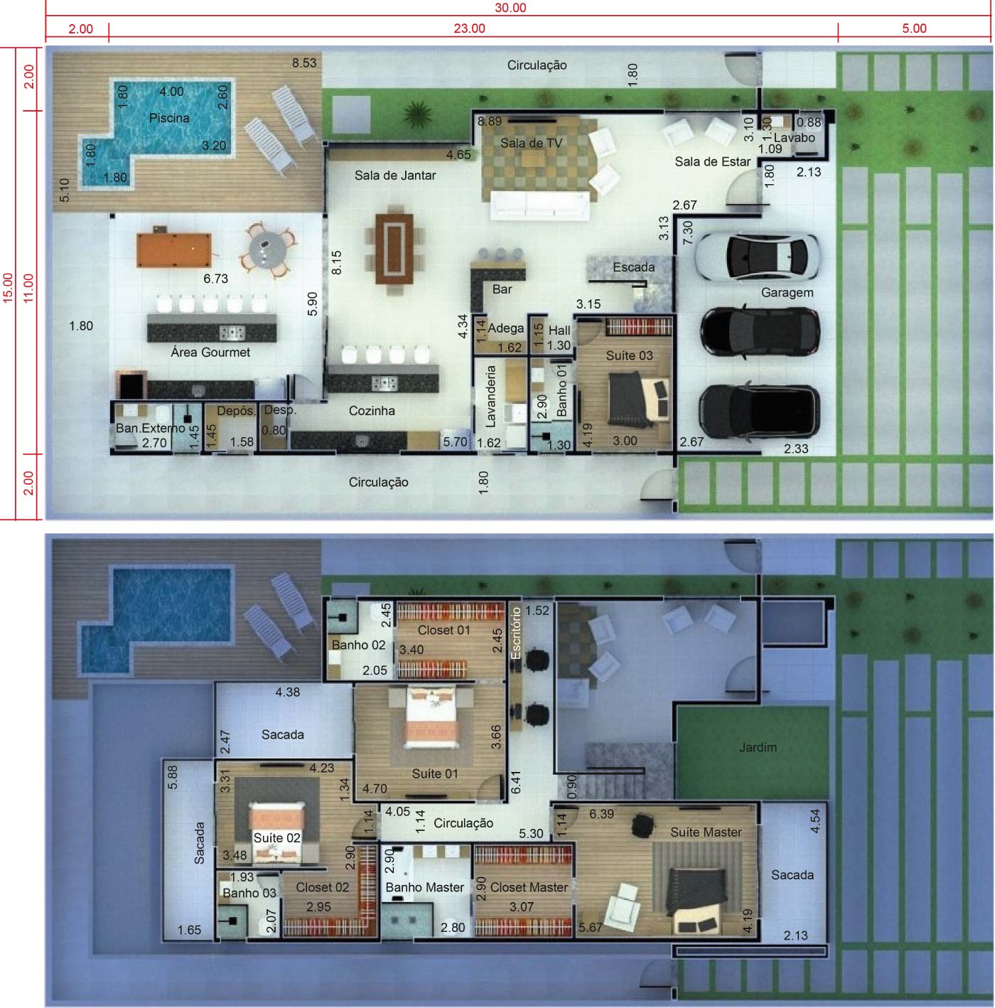 Projeto de sobrado com fachada moderna. Planta para terreno 15x30