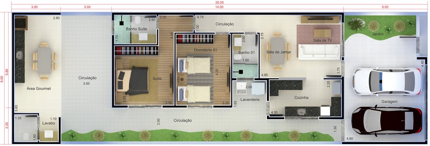 Planta de casa com edícula. Planta para terreno 8x25