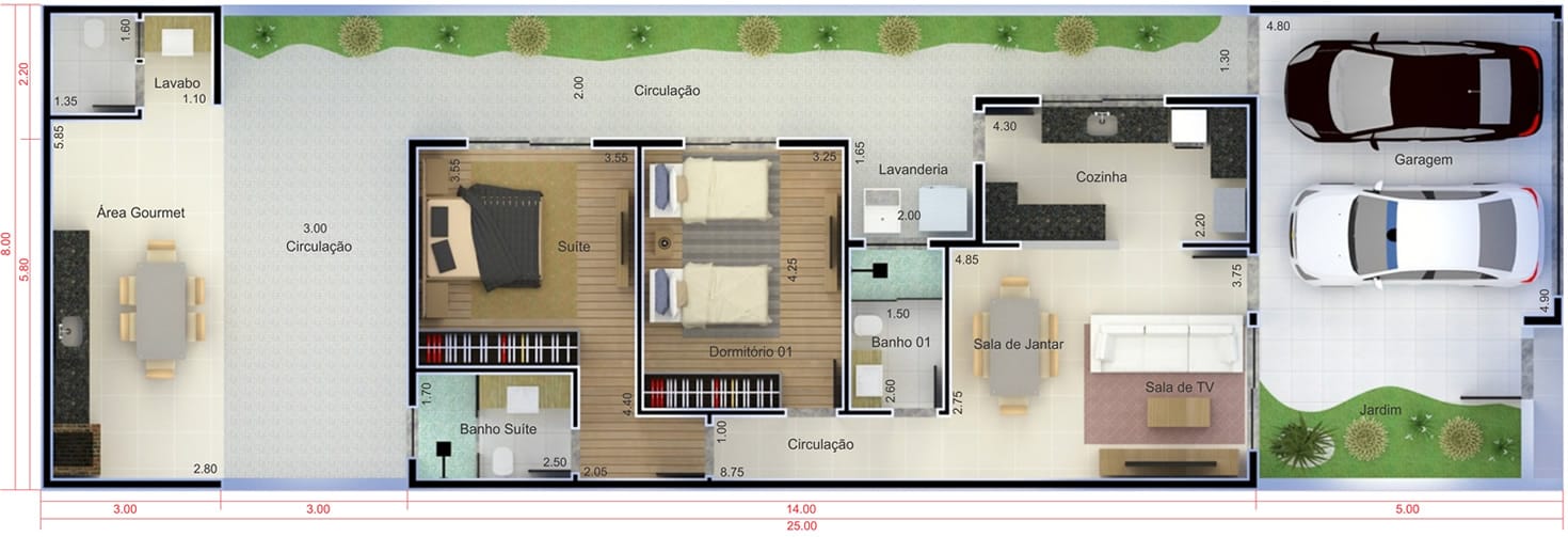 Planta de casa com edícula. Planta para terreno 8x25