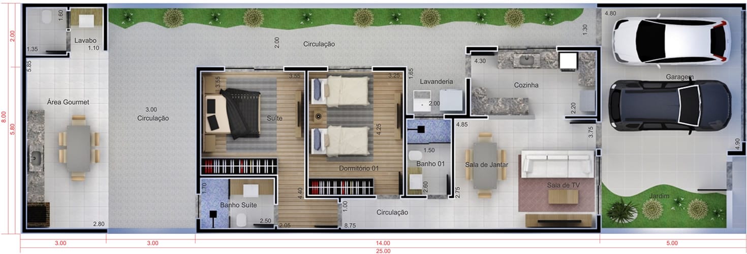 Planta de casa econômica. Planta para terreno 8x25