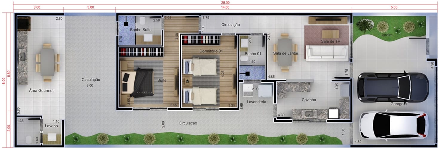 Planta de casa econômica. Planta para terreno 8x25