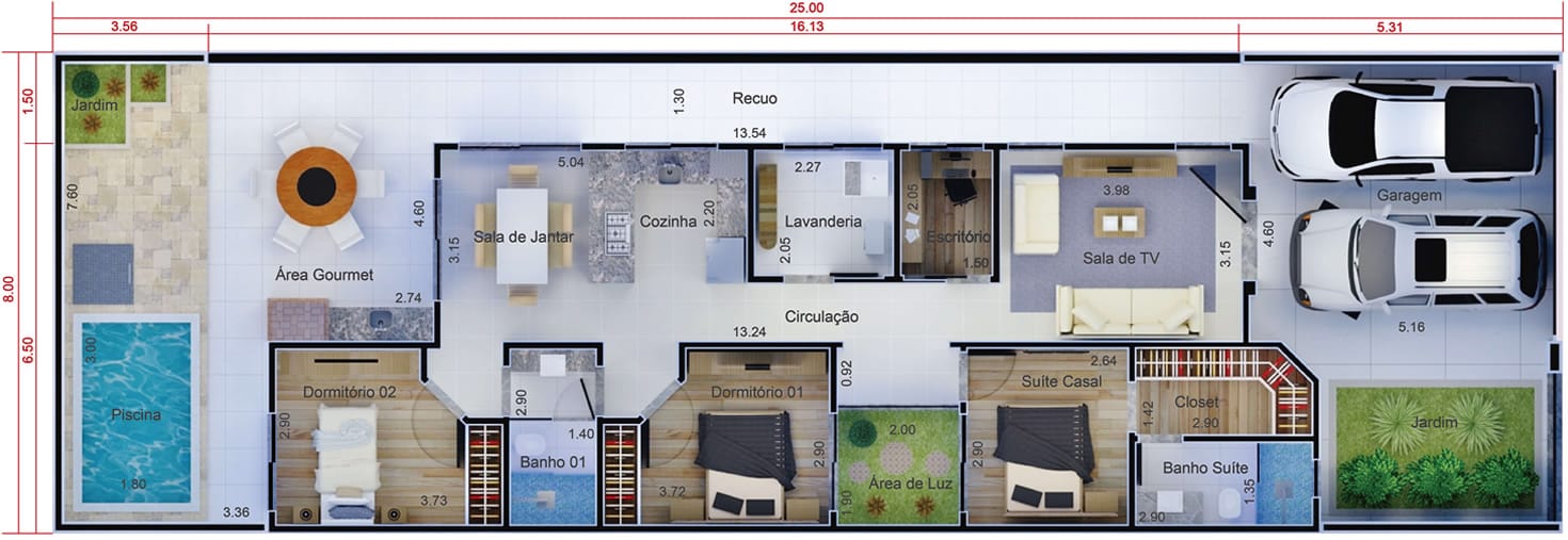 Planta de casa prática e funcional. Planta para terreno 8x25