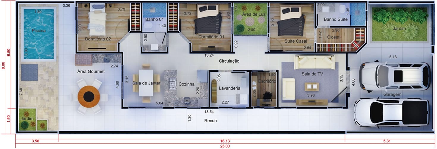 Planta de casa prática e funcional. Planta para terreno 8x25