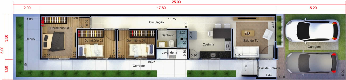 Planta minha casa minha vida 3 quartos. Planta para terreno 5x25