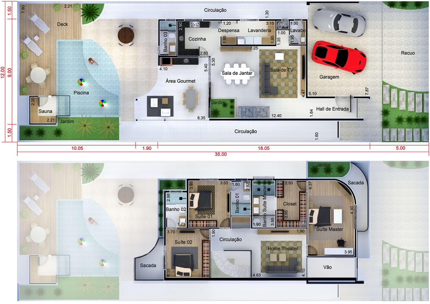 Projeto de casa de praia. Planta para terreno 12x35