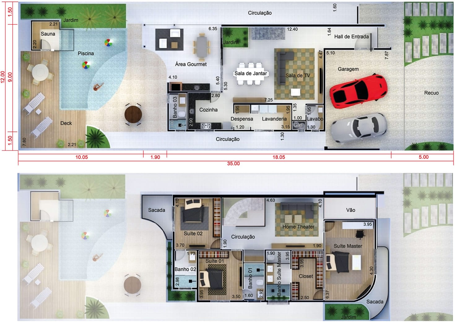 Projeto de casa de praia. Planta para terreno 12x35