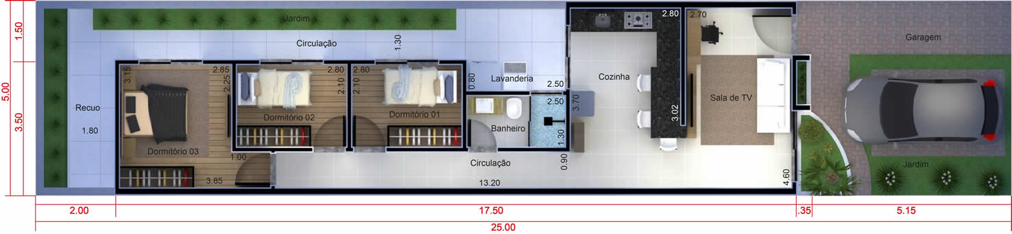 Planta de casa popular com 3 quartos. Planta para terreno 5x25