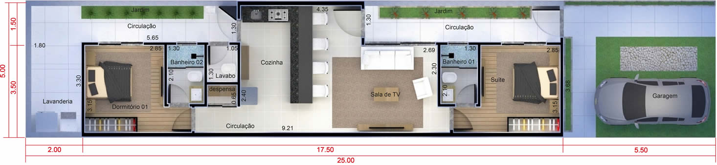 Planta minha casa minha vida com 2 quartos. Planta para terreno 5x25