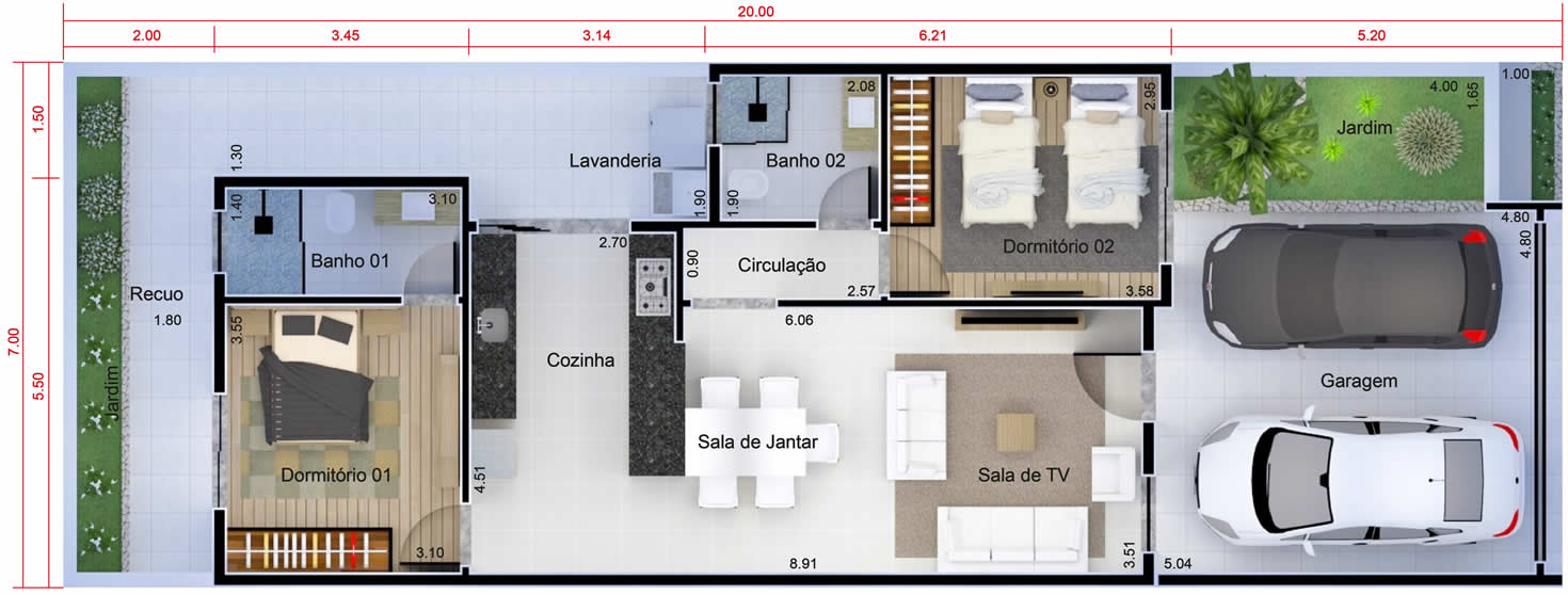 Planta de casa de baixo custo. Planta para terreno 7x20