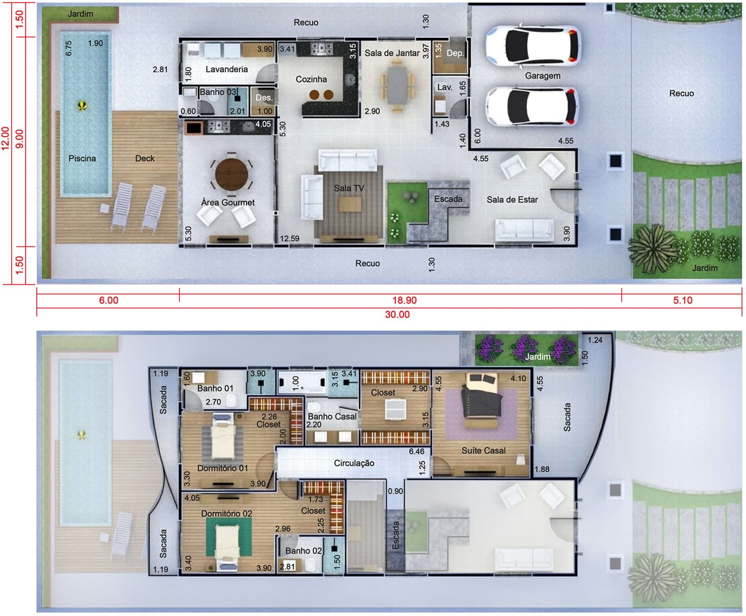 Planta de casa neoclássica. Planta para terreno 12x30