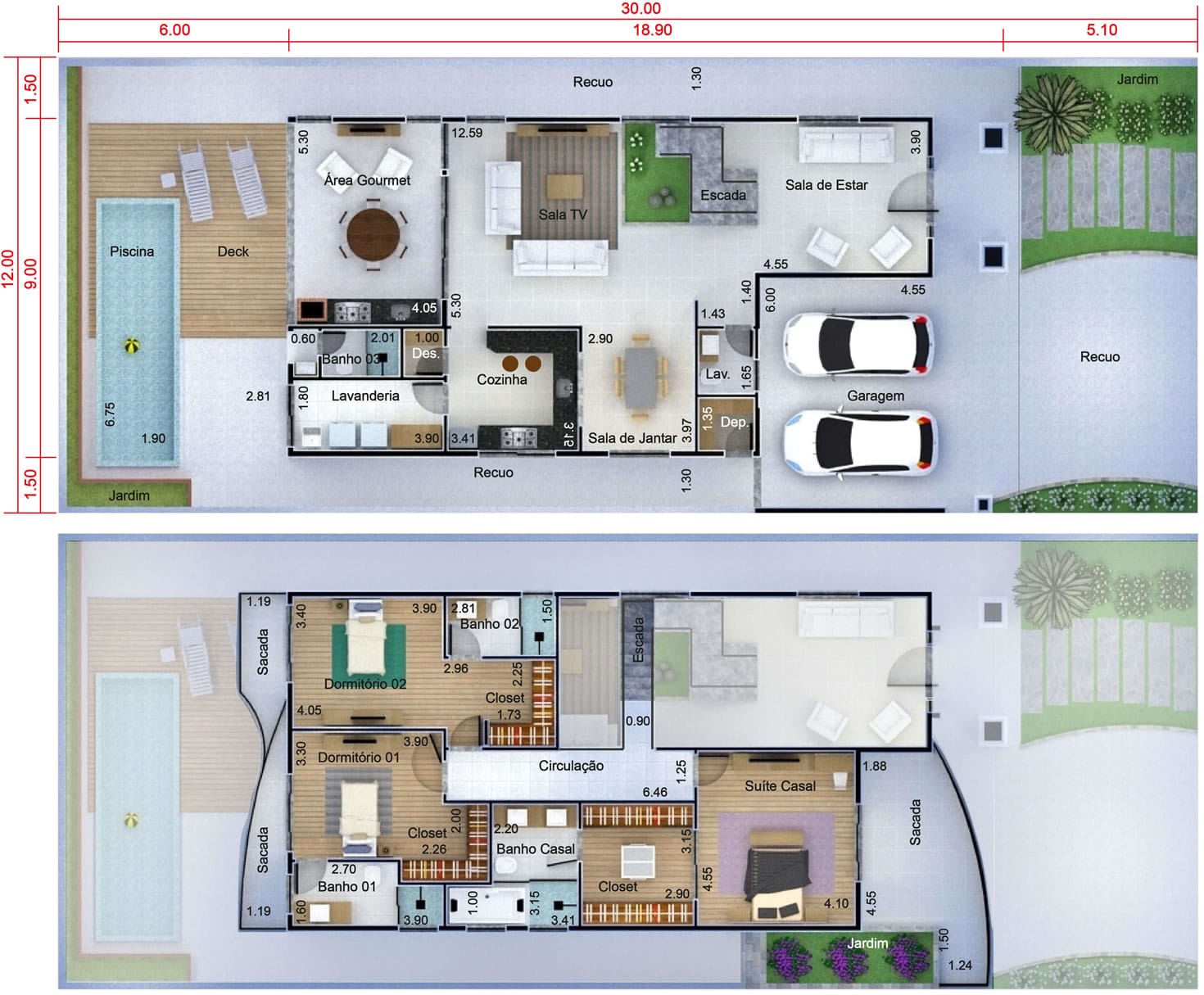 Planta de casa neoclássica. Planta para terreno 12x30