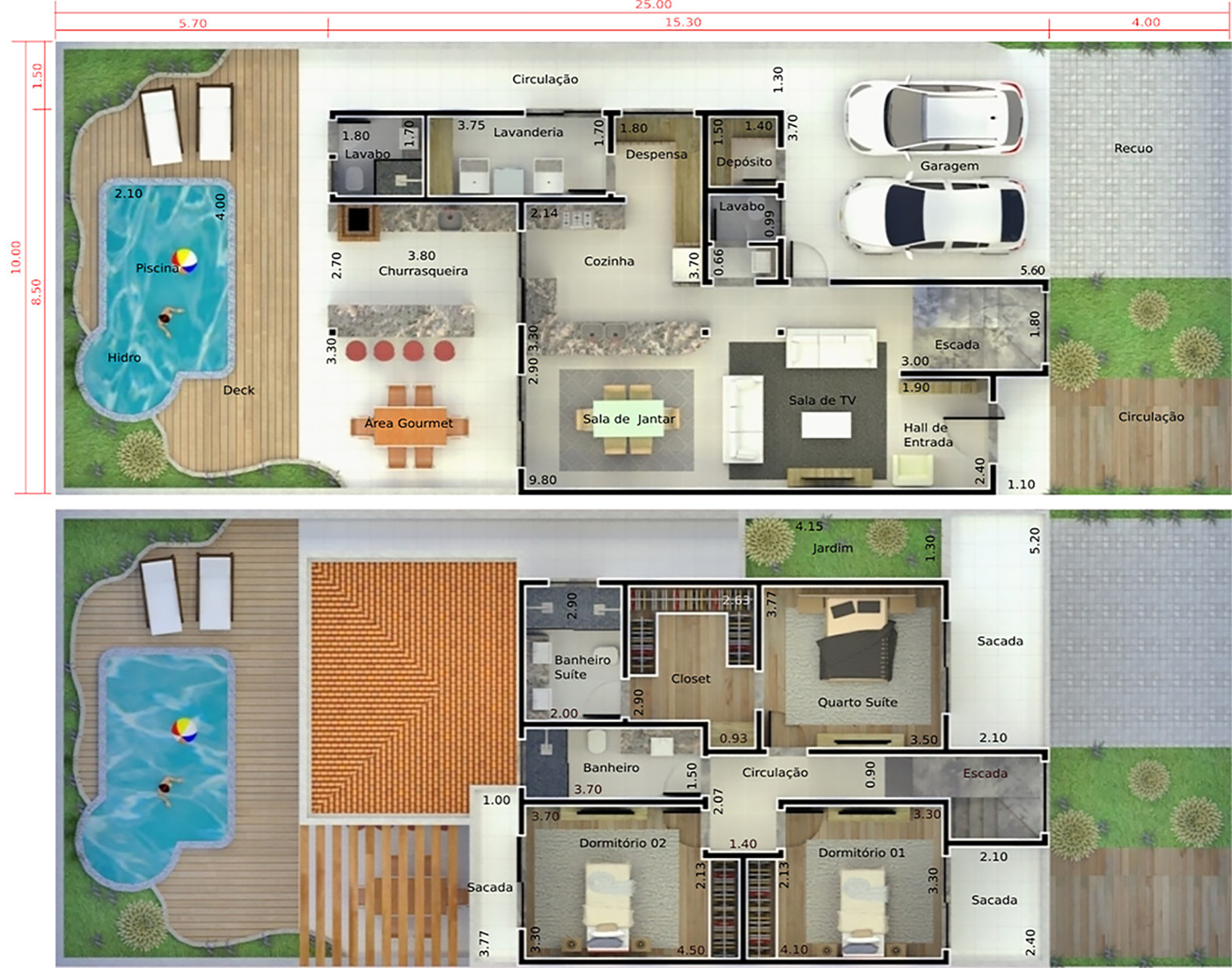 Planta de casa com telhado duas águas. Planta para terreno 10x25