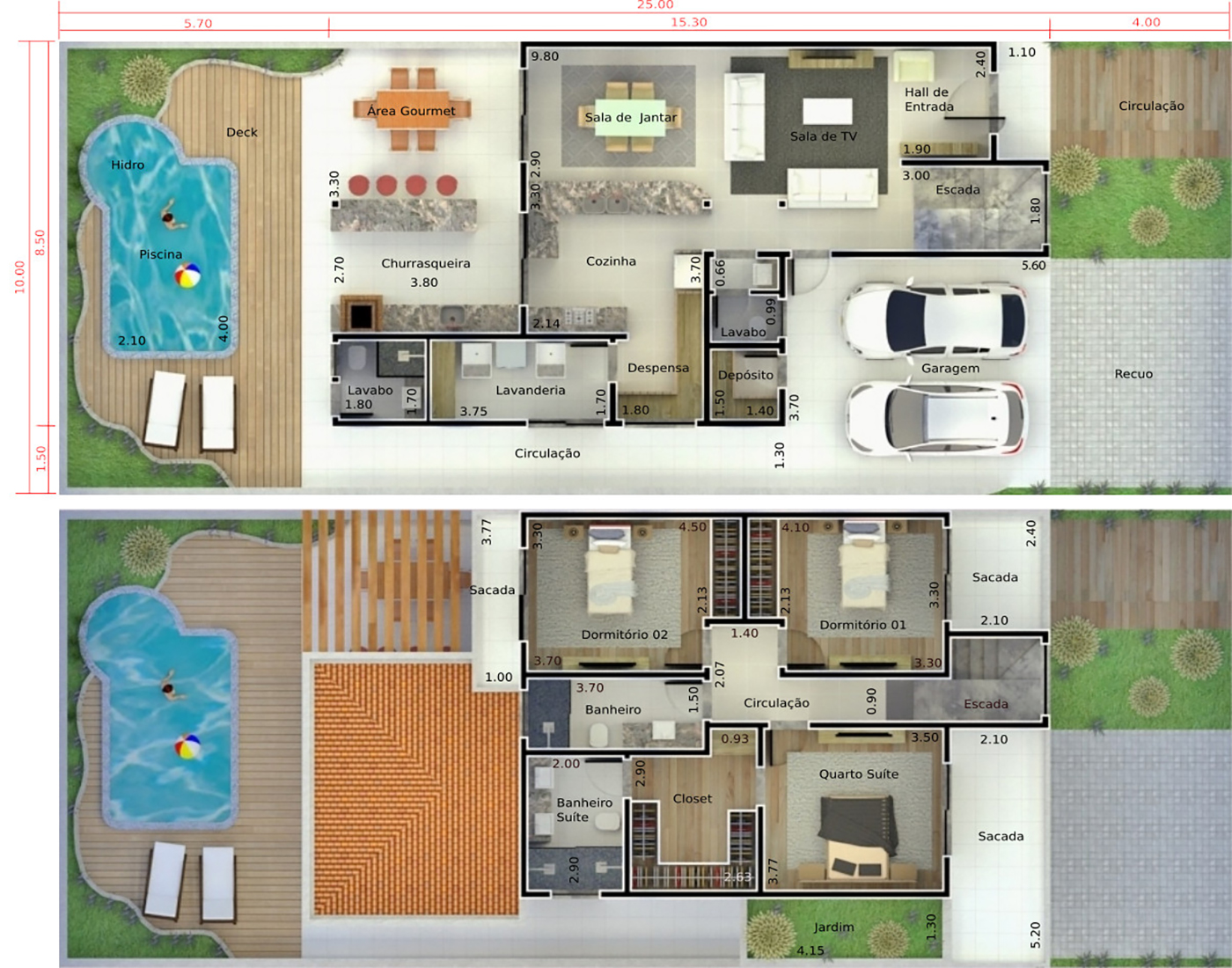 Planta de casa com telhado duas águas. Planta para terreno 10x25