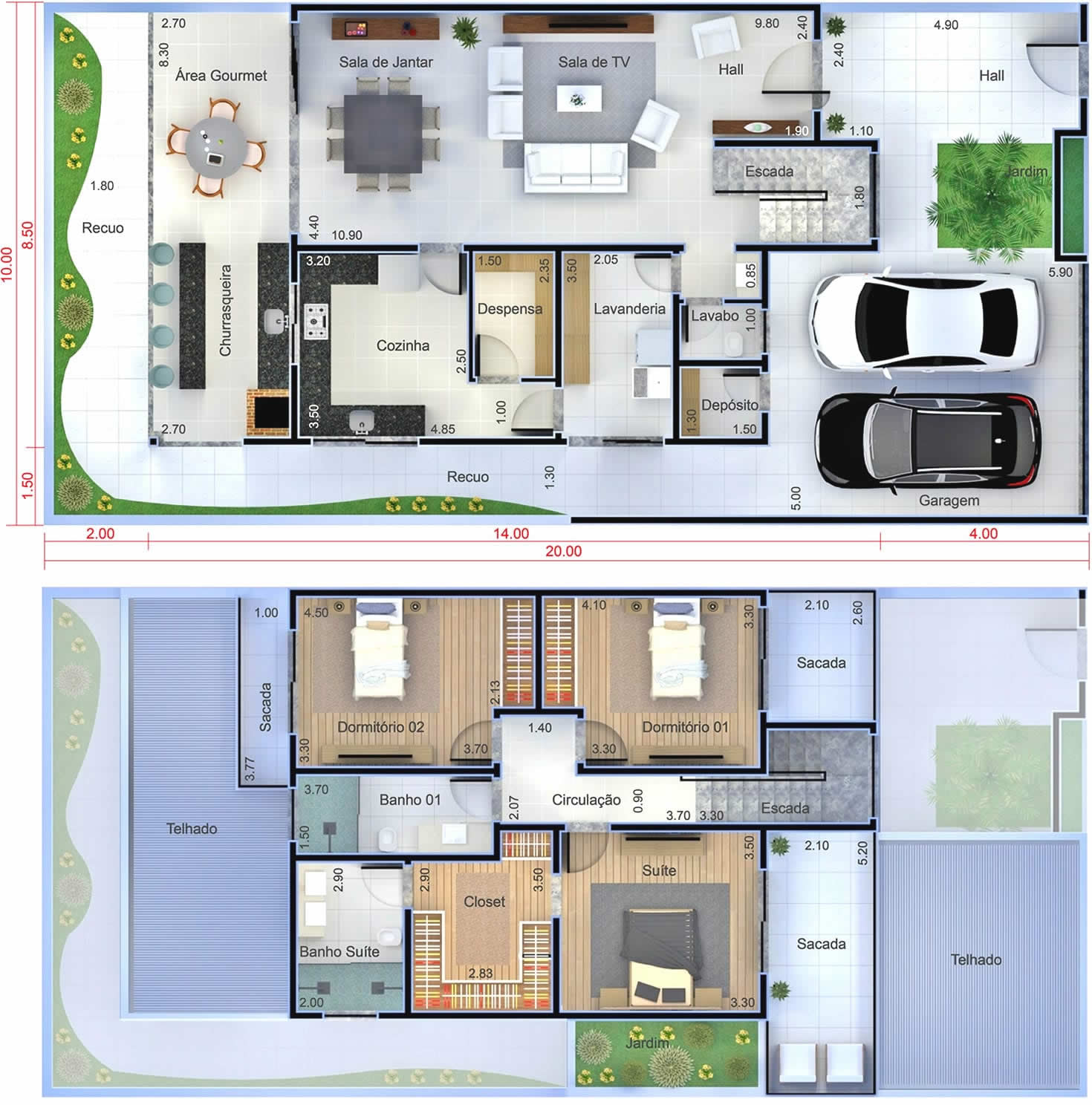 Planta de sobrado moderno com 3 quartos. Planta para terreno 10x20