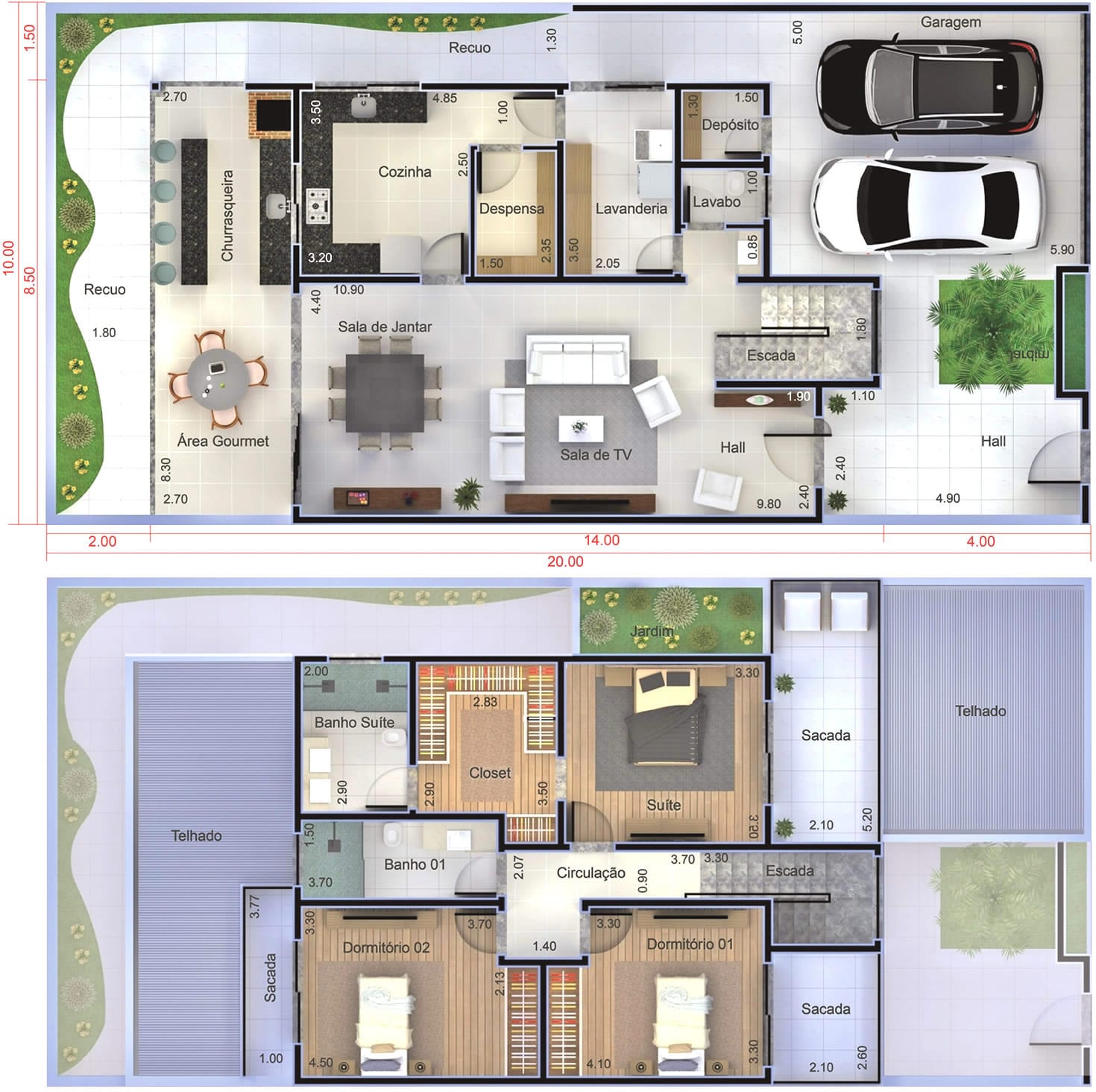 Planta de sobrado moderno com 3 quartos. Planta para terreno 10x20