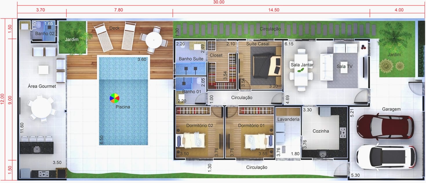 Planta de casa com edícula e piscina. Planta para terreno 12x30