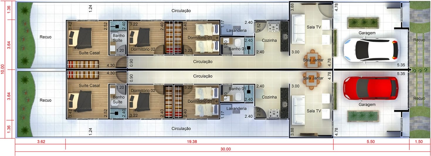 Planta de casa geminada. Planta para terreno 10x30