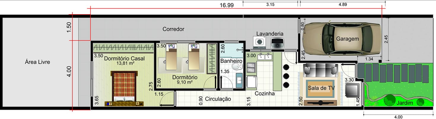 Planta de casa térrea com telhado embutido. Planta para terreno 5,50x25